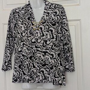 Rafaella Woman's 3/4 Sleeve Black White  Career Blouse Ruffle Petite Size MP .